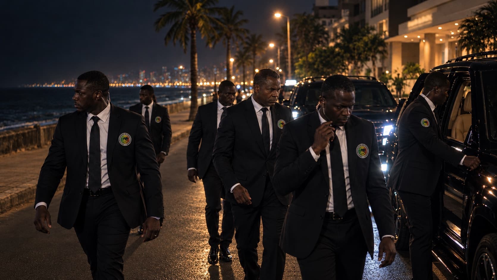 Dispositif de protection rapprochée en mouvement sur la corniche de Dakar, de nuit