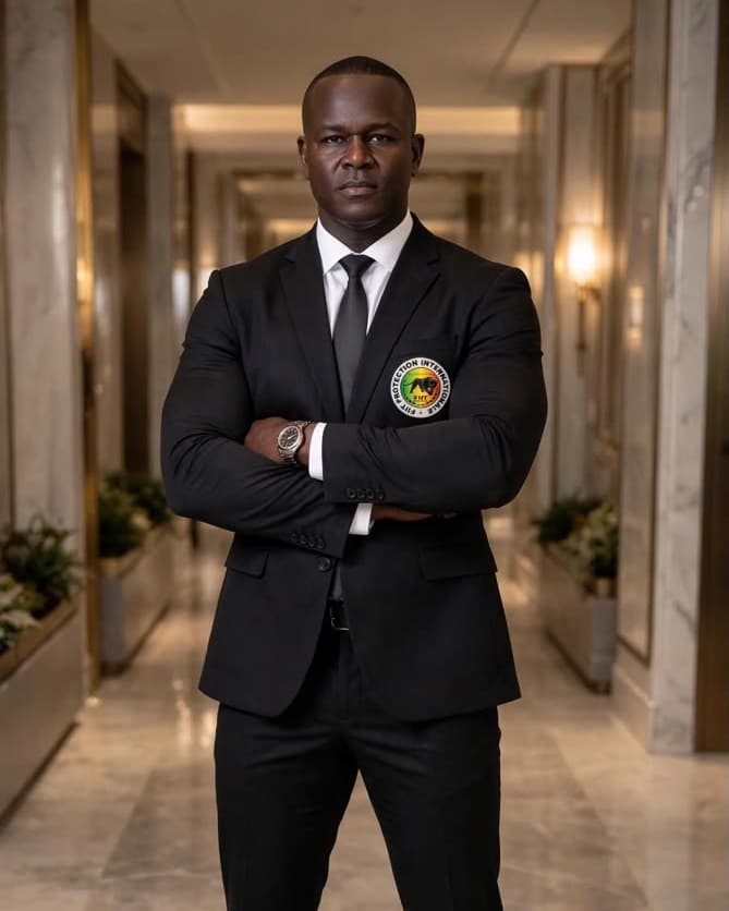 Mactar Diop, fondateur de FIIT Protection Internationale, en costume à l'écusson FIIT