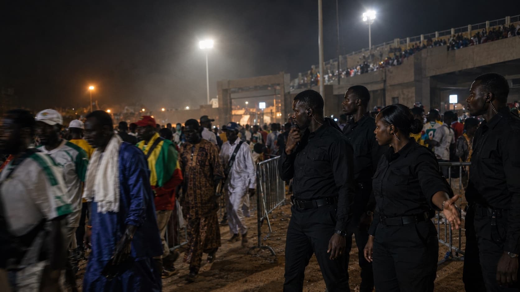 Sécurisation d'un événement au stade, de nuit : agents FIIT en faction le long des barrières, foule en arrière-plan