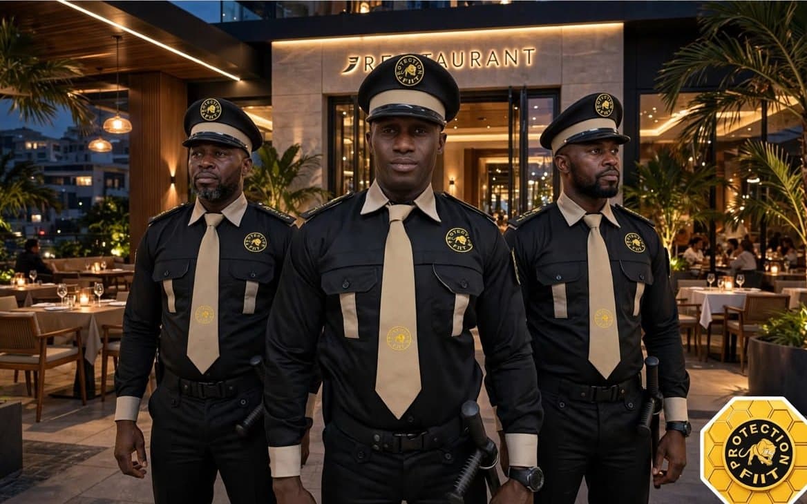 Agents FIIT assurant la sécurité d'un restaurant de Dakar en soirée