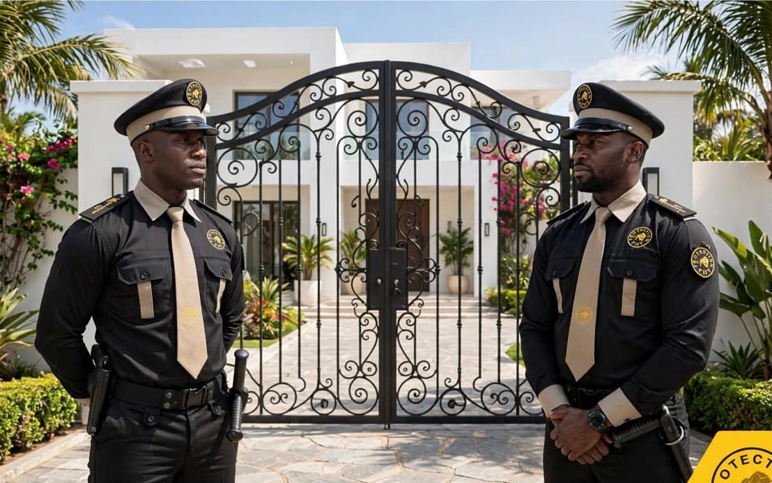 Deux agents FIIT en faction devant le portail en fer forgé d'une résidence à Dakar