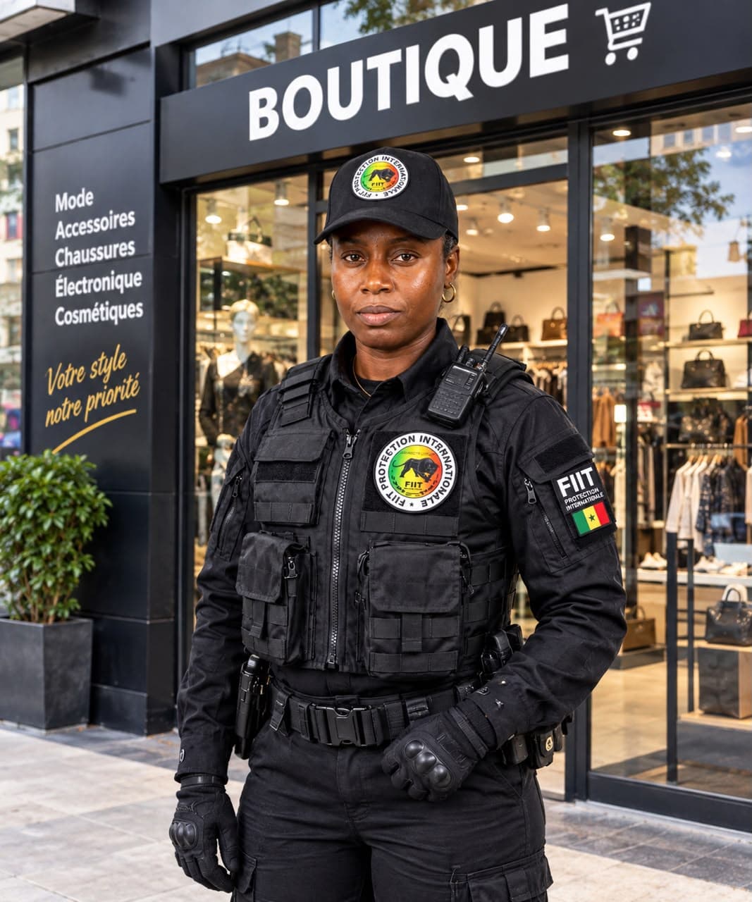 Agente FIIT en protection rapprochée devant une boutique à Dakar