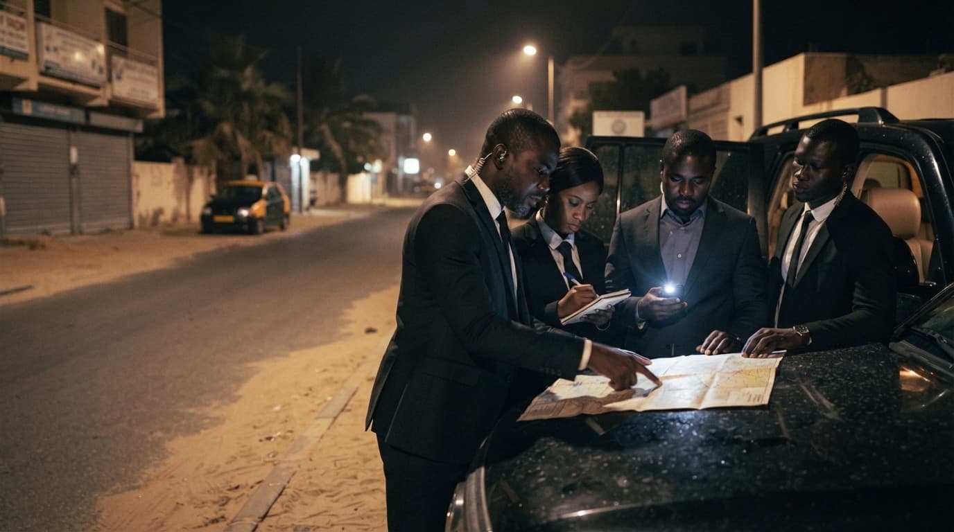 Briefing de nuit : quatre agents étudient une carte sur le capot d'un véhicule, à Dakar