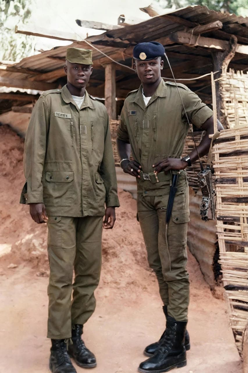 Mactar Diop pendant son service militaire : deux soldats de l'Armée sénégalaise devant un poste avancé, fin des années 1990.