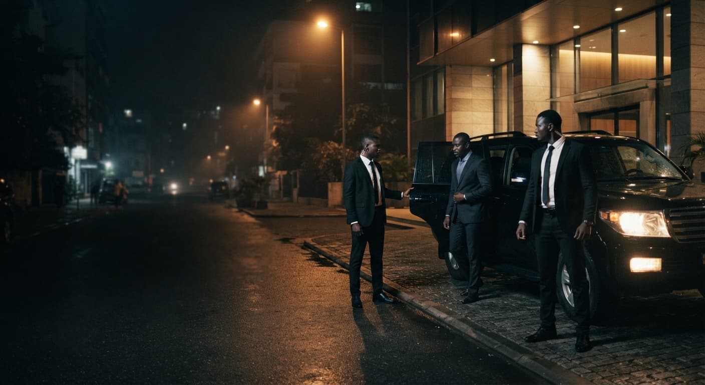 Escorte de nuit : trois agents en costume autour d'un SUV noir, devant un immeuble à Dakar